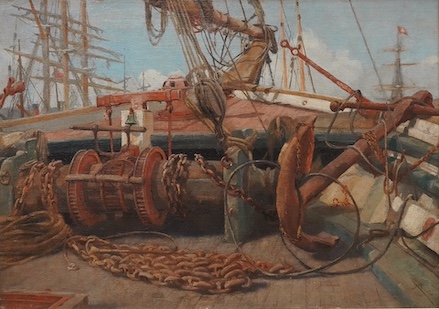 Edward Taylor, oil on board, 'On board the Arken', unsigned, inscribed in ink verso, 35 x 50cm, ornate gilt framed. Condition - good